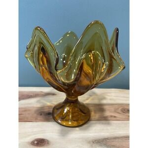 Vintage Viking Glass Amber Gold Handkerchief 6 Petal Swung Pedestal Vase